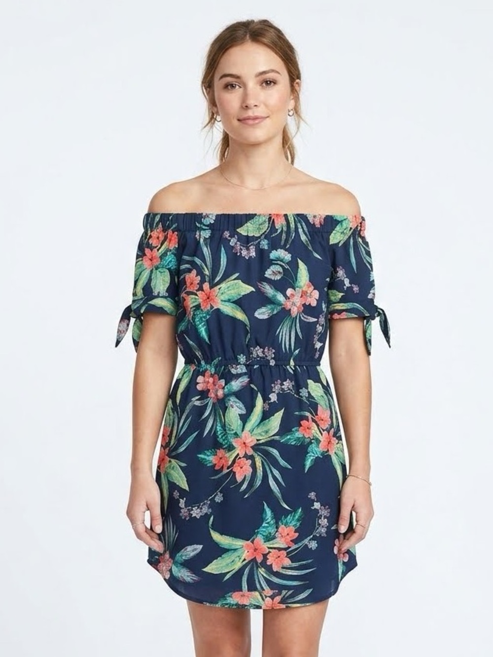 A Hint of Blush Navy Off-Shoulder Tropical Floral Dress Size L